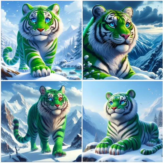 4pcs Green Tiger Animal Wall Art Canvas Framed