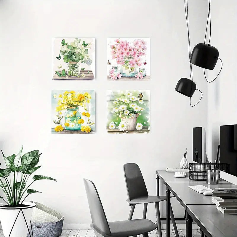 4pcs  Modern Abstract Floral & Butterfly  FH  Wall Art Canvas Framed