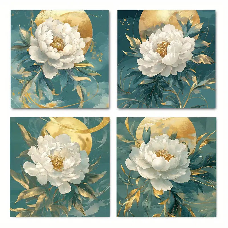 4pcs White Peony In Full Bloo  Wall Art Canvas Framed
