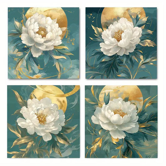 4pcs White Peony In Full Bloo  Wall Art Canvas Framed