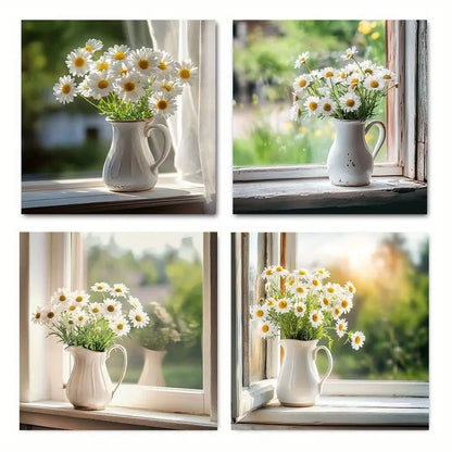 4pcs Rusti Daisies Wooden Windowsill Spring Wall Art Canvas Framed
