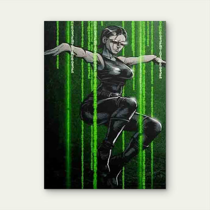 Cyber Woman with Matrix Code Green Digital Rain 60x90cm Metal Print Ready to Hang