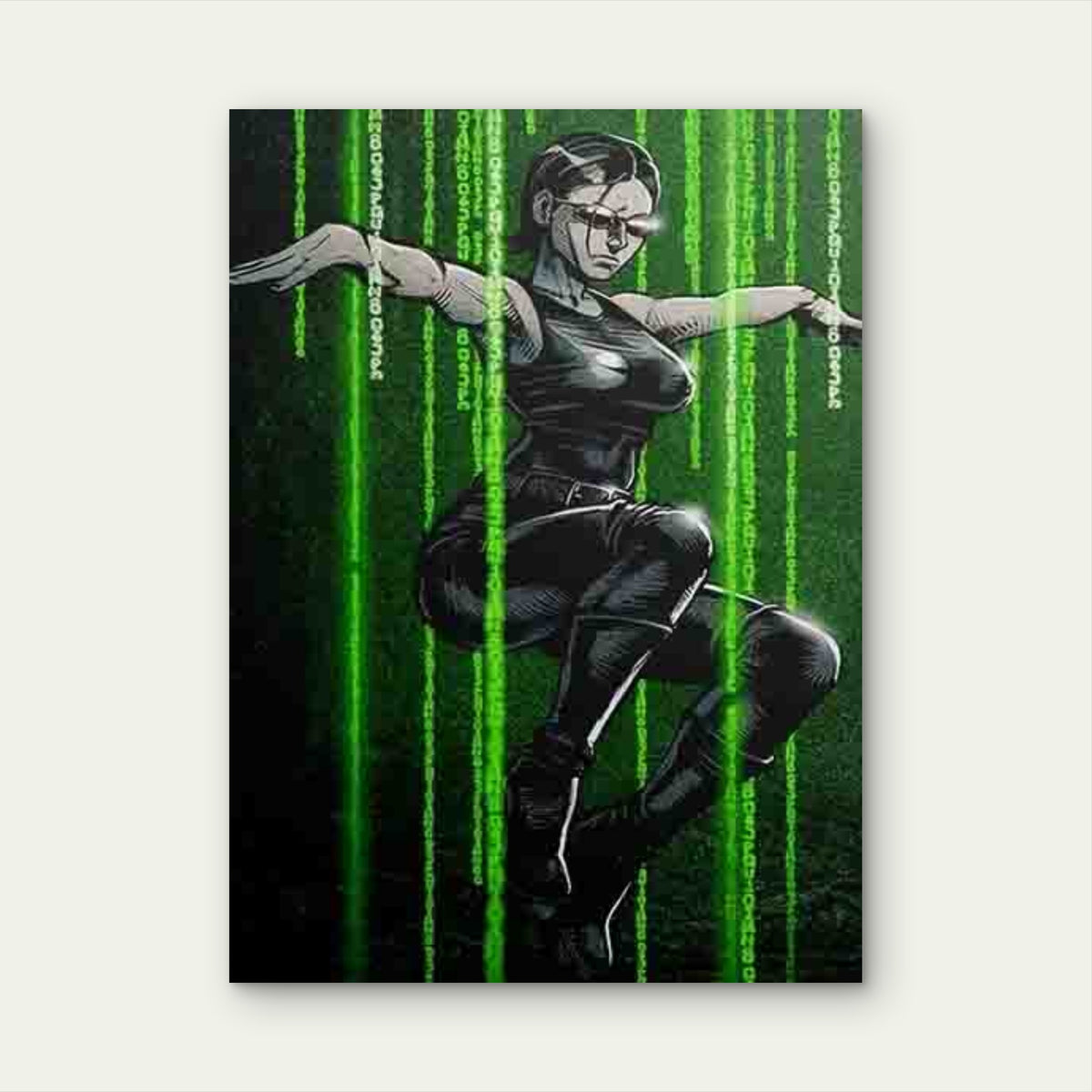 Cyber Woman with Matrix Code Green Digital Rain Metal Print Ready to Hang