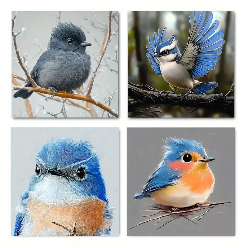 4pcs Abstract & Colorful Bluebirds Wall Art Canvas Framed