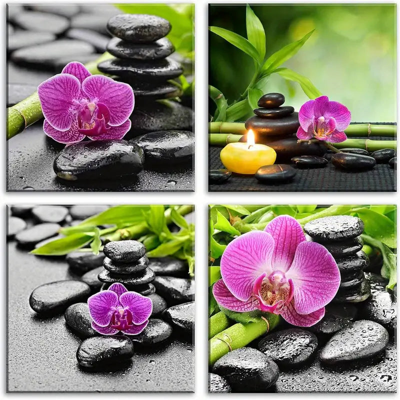 4pcs Zen Pink Orchid & Stone Wall Art Canvas Framed