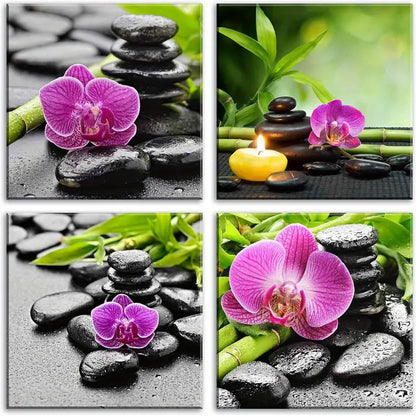 4pcs Zen Pink Orchid & Stone Wall Art Canvas Framed