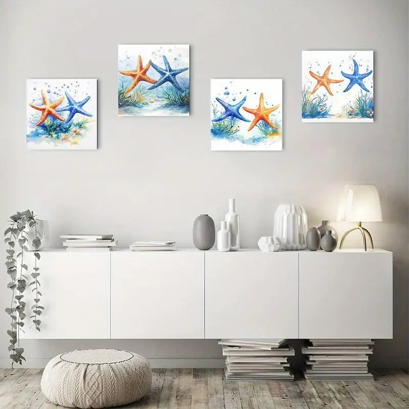 4pcs Blue Ocean Starfish  Wall Art Canvas Framed