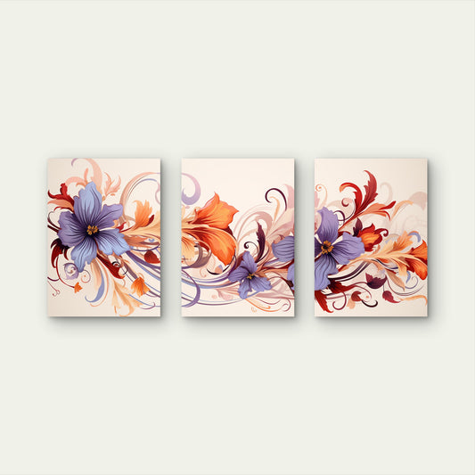 3pcs Purple Orange Floral Swirl Retro Blossom Wall Art Set Canvas Framed 50x70cm - High Quality Print 100% Australian Made Wall Canvas Ready to Hang