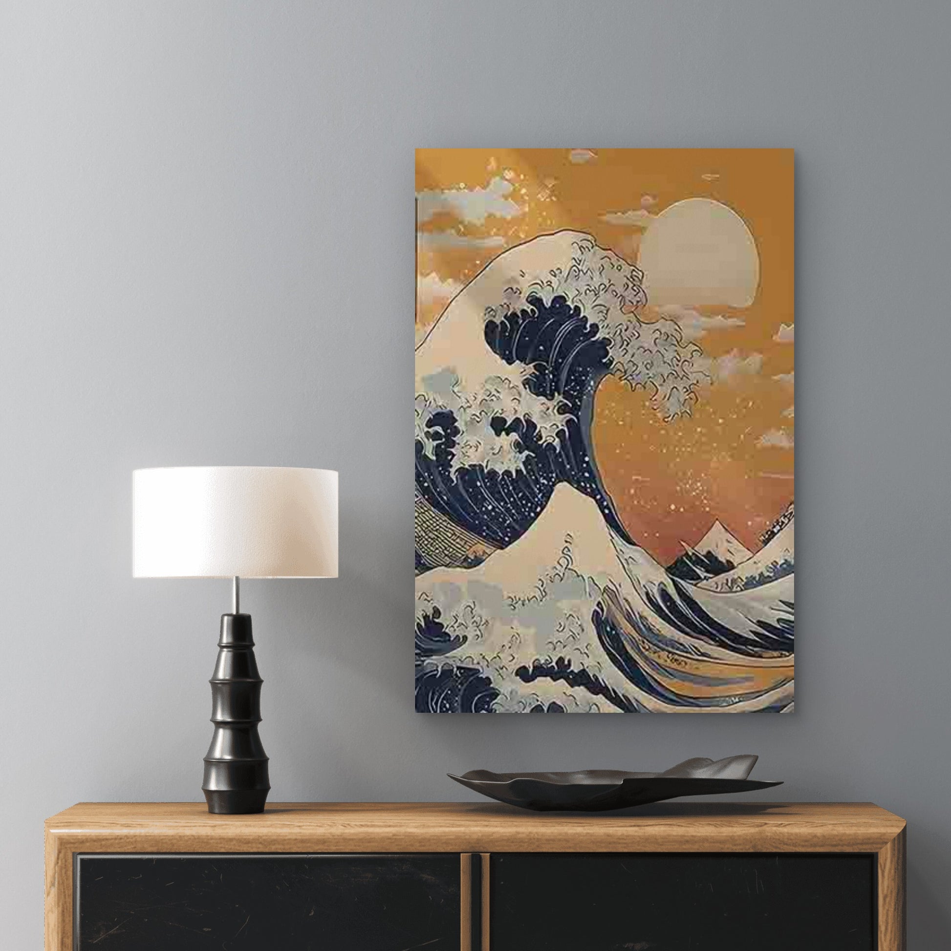 Ukiyo-e Style Wave Sunset and Clouds 60x90cm Metal Print Ready to Hang - Bella Home Decor