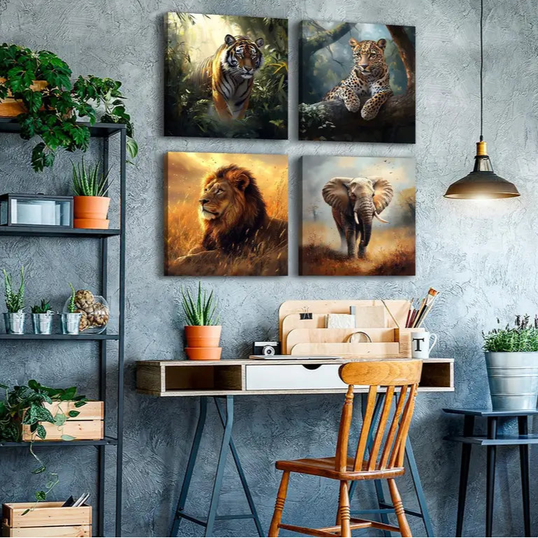 4pcs Lion Elephant Tiger Panther  Wall Art Canvas Framed