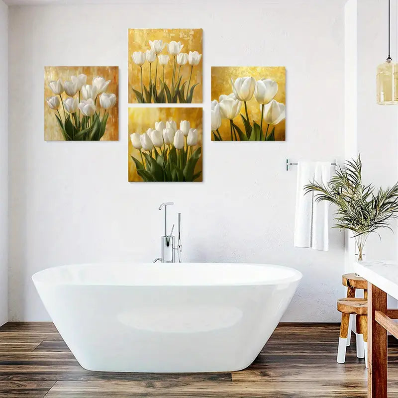 4pcs Yellow Background White Tulips Poster Wall Art Canvas Framed