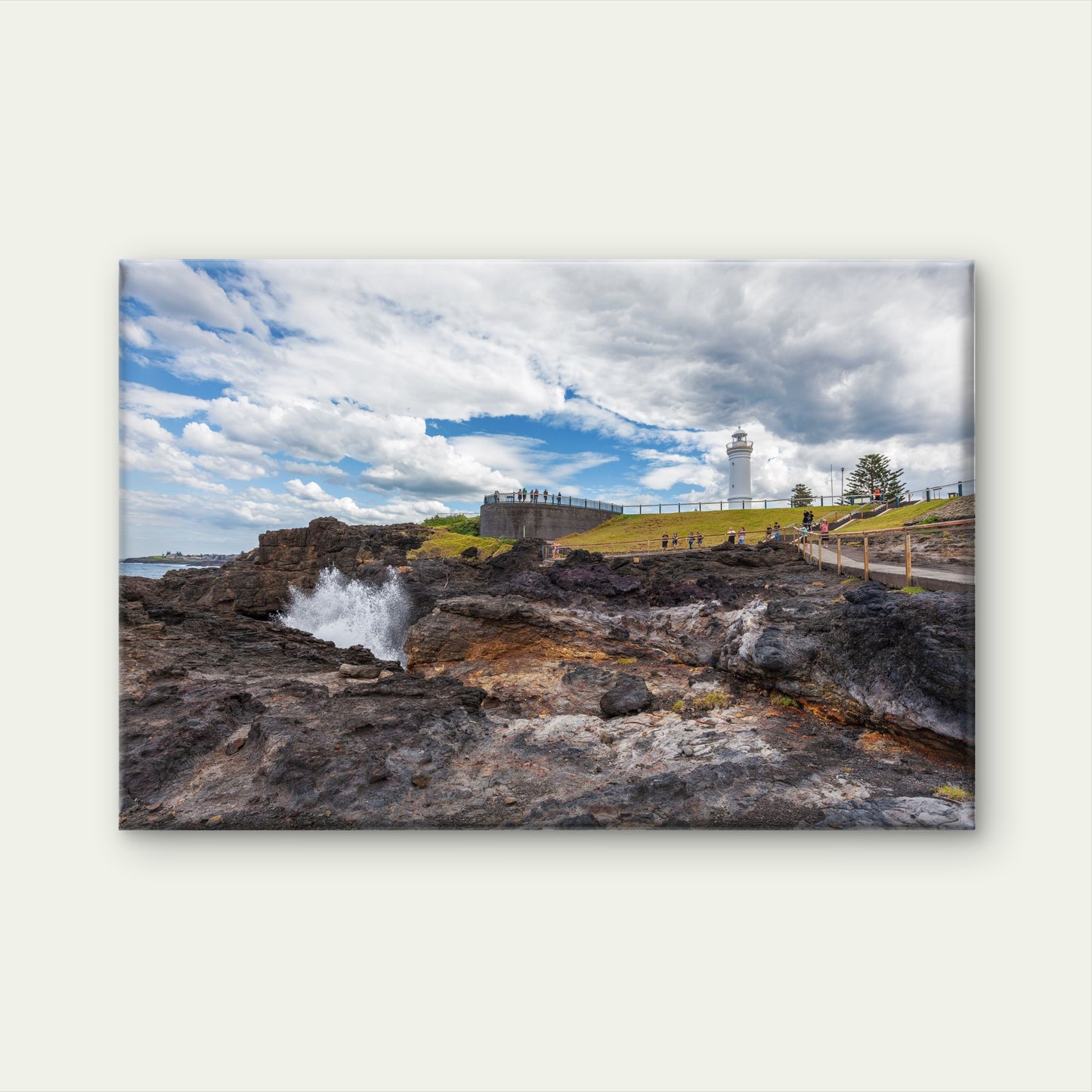 Kiama Lighthouse with water spraying out of the blowhole, Sydney, New South Wales (NSW), Australia Canvas Print Wall Art Decor 100% Australian Made