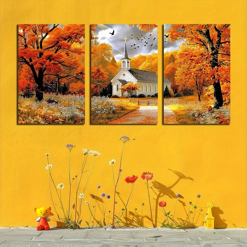 3pcs Cartoon Style Fall Landscape Metal Print Ready to Hang Art