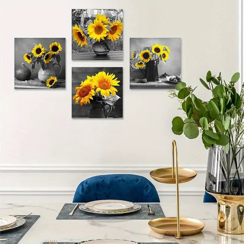 4pcs Sunflower Picture Painting Wall Art Canvas Framed