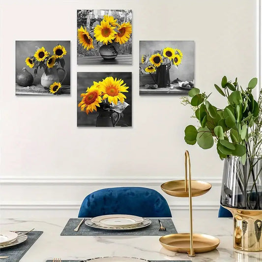 4pcs Sunflower Picture Painting Wall Art Canvas Framed