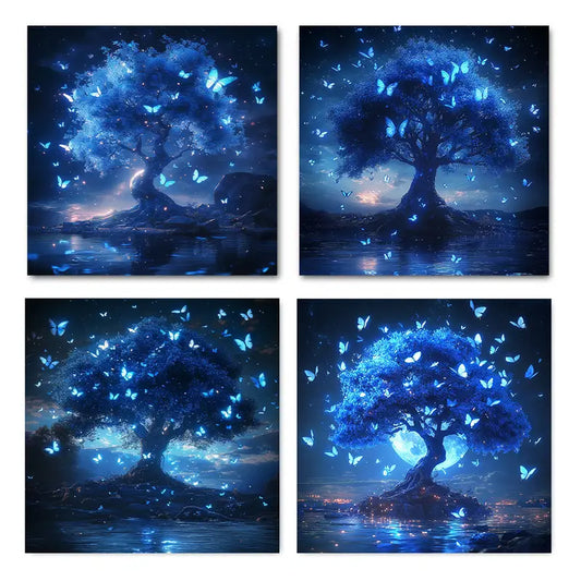 4pcs  Enchanting Blue Butterfly & Tree  ER    Wall Art Canvas Framed