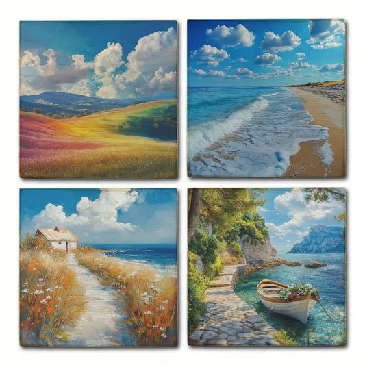 4pcs Beach Scene With Sailboat & Turquoise Water  Wall Art Canvas Framed