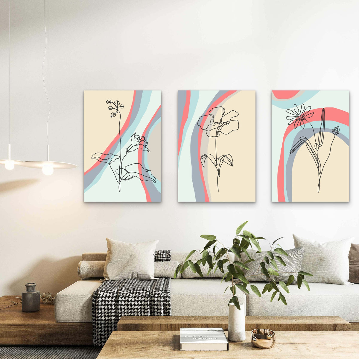 3pcs Minimalist Floral Line Art Pastel Abstract Wall Art Set Canvas Framed 60x90cm - High Quality Print 100% Australian Made Wall Canvas Ready to Hang