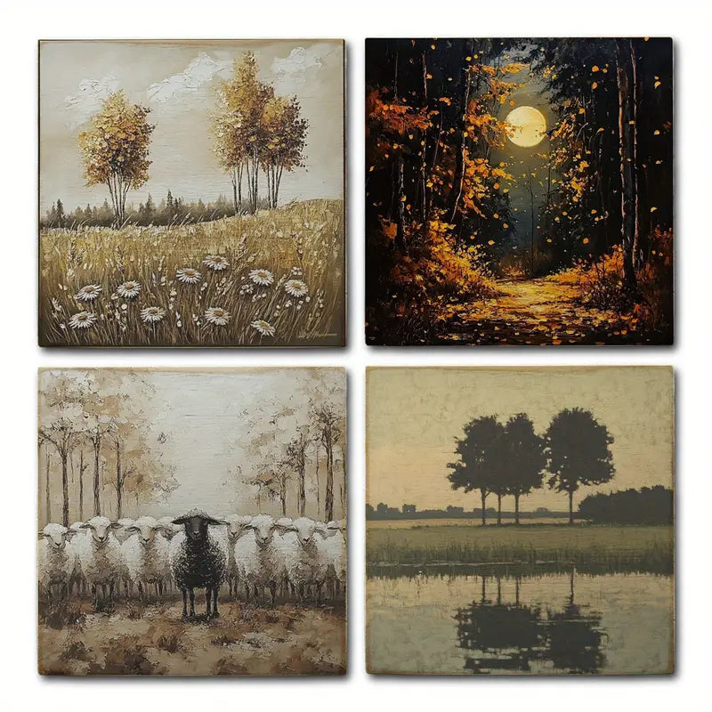 4pcs Farm House With Sheeps And Golden Meadow Wall Art Canvas Framed