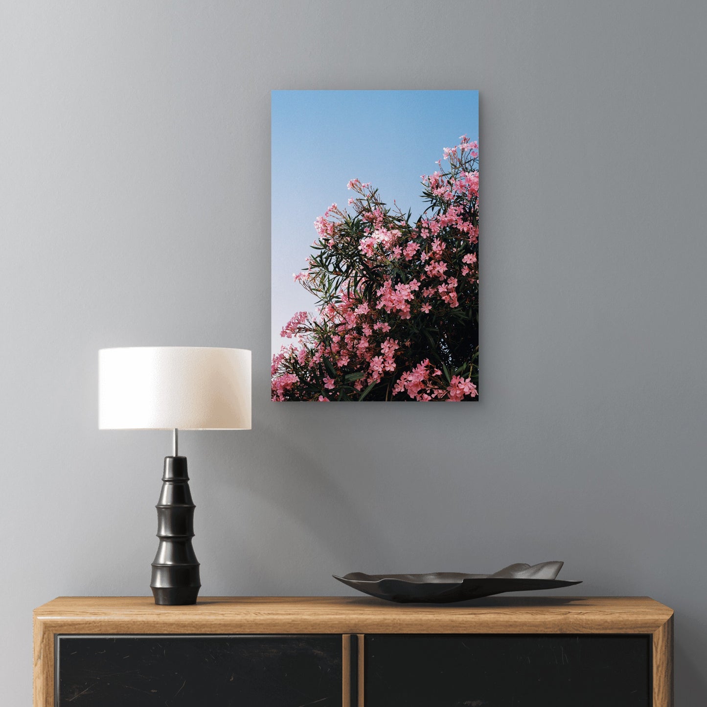 Pink Oleander Flowers Blooming Against Blue Sky 40x60cm Metal Print Ready to Hang