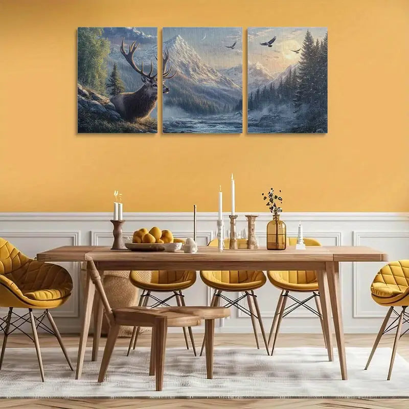 3pcs Majestic Deer Head with Antlers, Pine Trees & Moonlit Sky Metal Print Ready to Hang Art