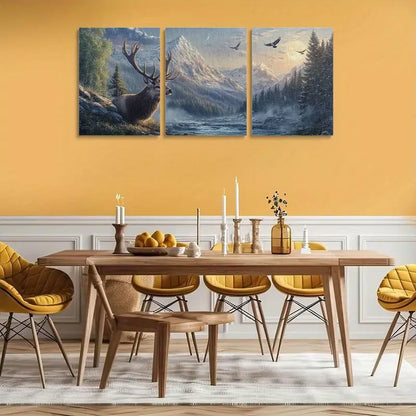 3pcs Majestic Deer Head with Antlers, Pine Trees & Moonlit Sky Metal Print Ready to Hang Art