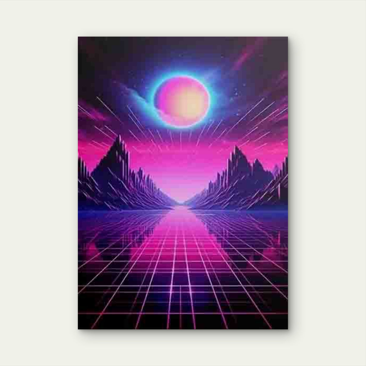 Pink Grid planet & Mountain Silhouette Landscape Metal Print Ready to Hang