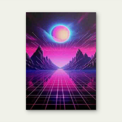 Pink Grid planet & Mountain Silhouette Landscape Metal Print Ready to Hang