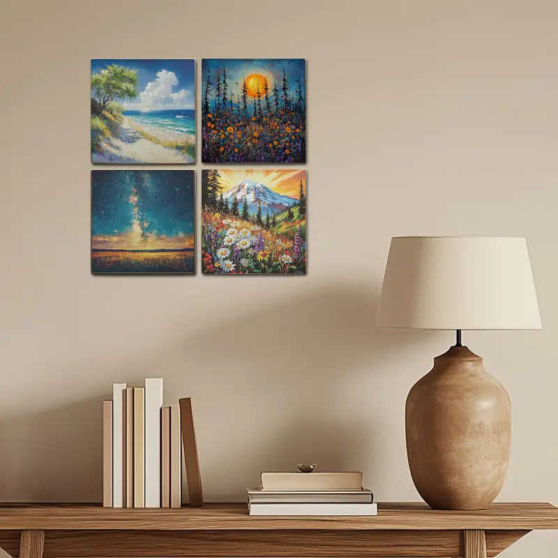 4pcs Moon Light Forest With Mountains Wall Art Canvas Framed