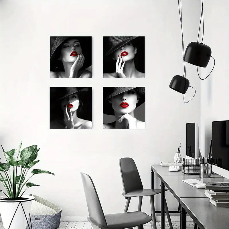 4pcs  Red Lips Woman  Fashion-Theme  Wall Art Canvas Framed