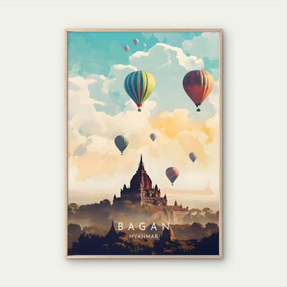 Myanmar Hot Air Balloon & Temple Travel Poster Print Wall Art