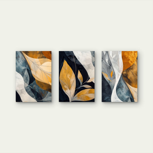 3pcs Abstract Golden Leaf Navy Blue Wall Art Set Canvas Framed 50x70cm - High Quality Print 100% Australian Made Wall Canvas Ready to Hang