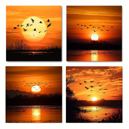 4pcs  Cranes At Sunrise  Wall Art Canvas Framed