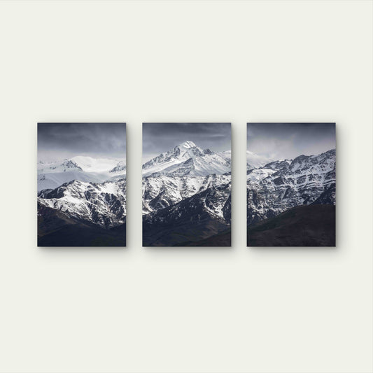 3pcs Snowy Mountain Peak Under Gray Sky Metal Print Ready to Hang Art