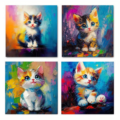 4pcs Abstract Doodle Cute Kitten  Wall Art Canvas Framed