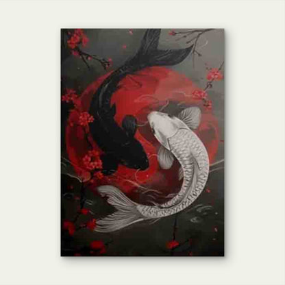 Yin Yang Koi Fish Red Moon Cherry Blossom Metal Print Ready to Hang