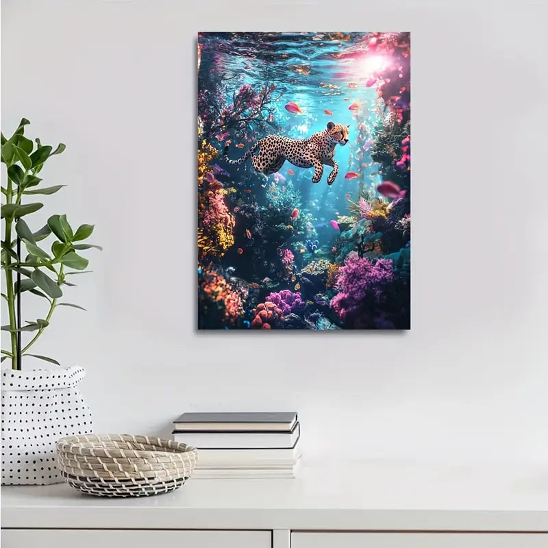 Surreal Cheetah Swimming in Coral Reef Underwater 40x60cm Metal Print Ready to Hang
