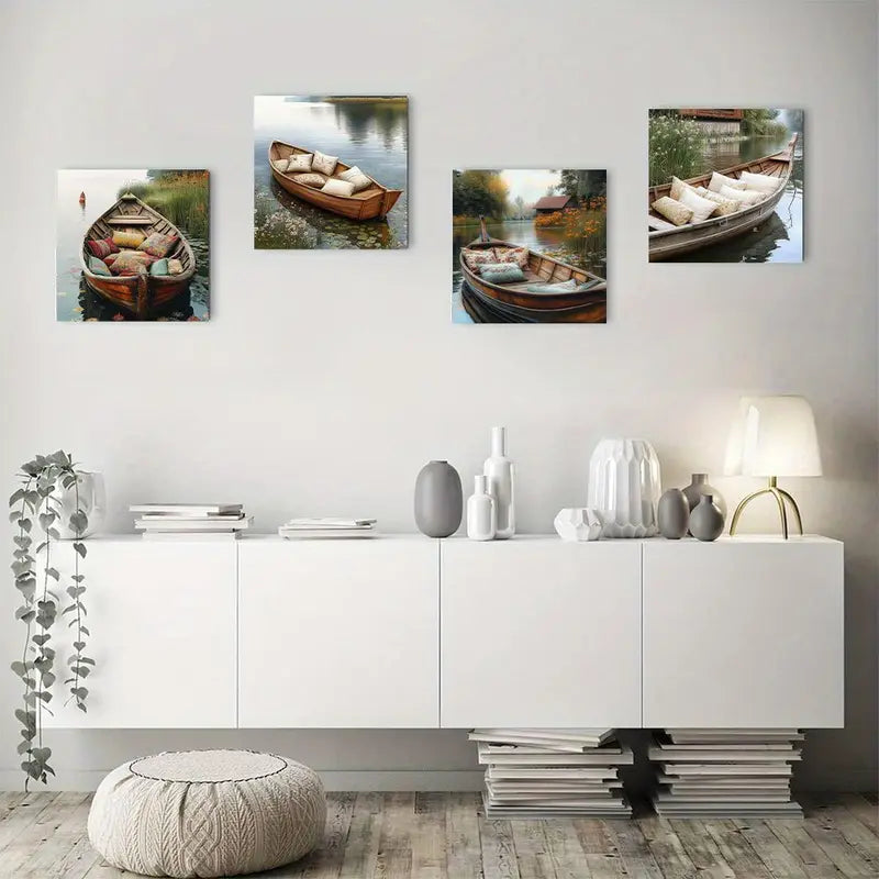 4pcs  Country Serenity Sailboat reed house Wall Art Canvas Framed