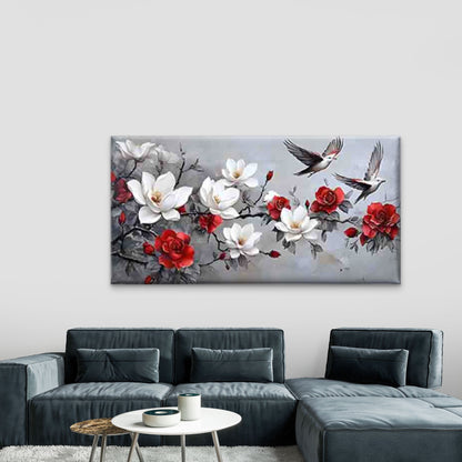 White Floral with Flying Birds Wall Art Canvas Office Home Room Framed 120x60cm