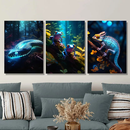 3pcs Blue glowing snake in the forest, frog on the wood, chameleon Metal Print Ready to Hang Art