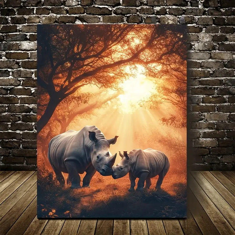 Dreamlike Rhino Scene Under Glowing Sunset Sky 40x60cm Metal Print Ready to Hang