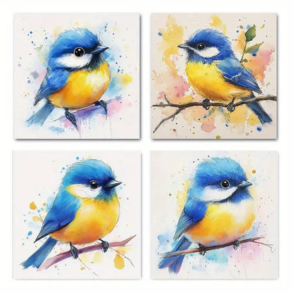 4pcs  Vintage Abstract Bluebird a  BL Wall Art Canvas Framed