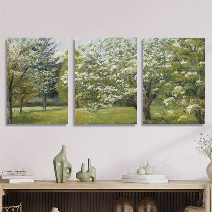 3pcs Blossoming Apple Trees & Serene Meadow Scene Metal Print Ready to Hang Art
