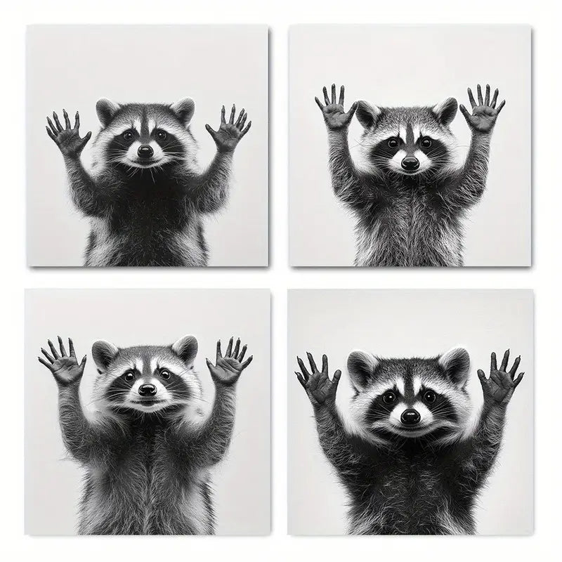 4pcs Vintage Abstract Raccoon Canvas Art Prints   Wall Art Canvas Framed
