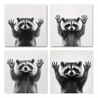 4pcs Vintage Abstract Raccoon Canvas Art Prints   Wall Art Canvas Framed