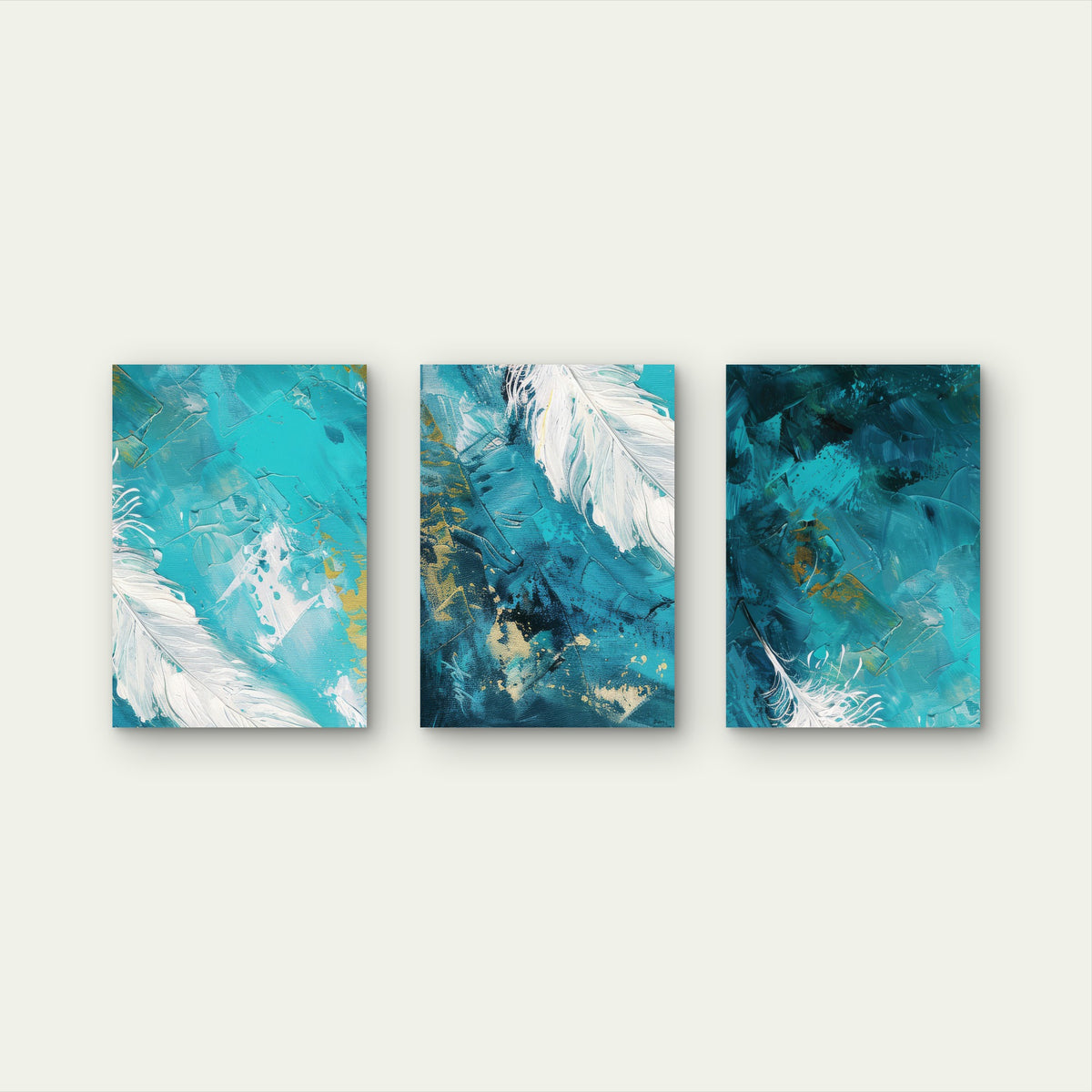 3pcs Modern Teal Turquoise Gold Feather Wall Art Set Canvas Framed 40x60cm - High Quality Print 100% Australian Made Wall Canvas Ready to Hang