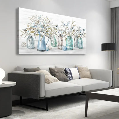 Indigo Floral Jar Vintage Botanical Flower Bottle Wall Art  canvas office home room framed 120x60cm