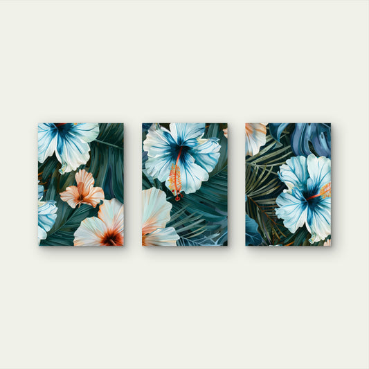 3pcs Modern Dark Teal Hawaiian Hibiscus Flower Triptych Wall Art Set Canvas Framed 50x70cm - High Quality Print 100% Australian Made Wall Canvas Ready to Hang