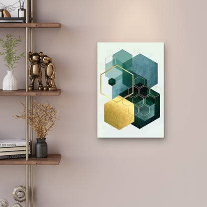 Golden & Teal Geometric Honeycomb 60x90cm Metal Print Ready to Hang