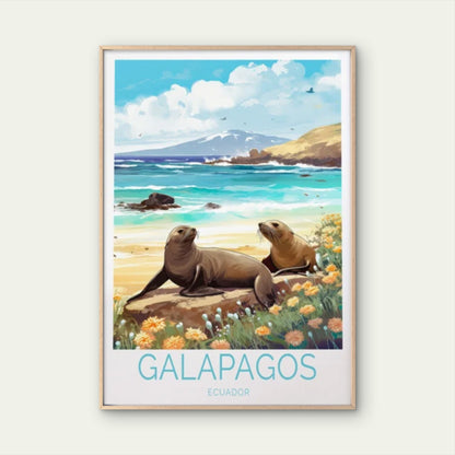 Galapago Ecuador, Sea Lions in Beach Travel Poster Print Wall Art